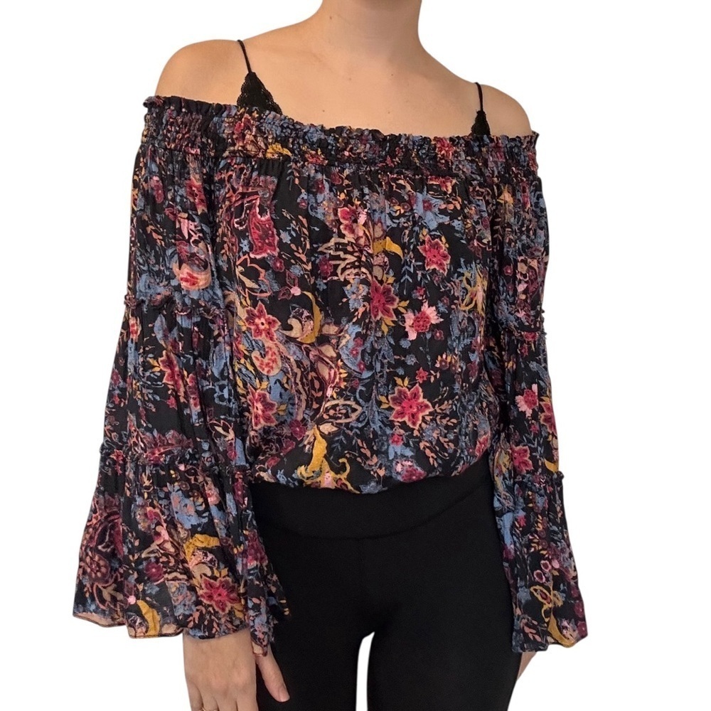 Free People Blouse Flowy Sleeve Boho Colorful Floral Summer Lagenlook Size Small